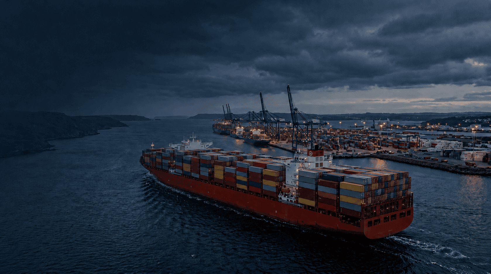 International commercial cargo vessel navigating open waters