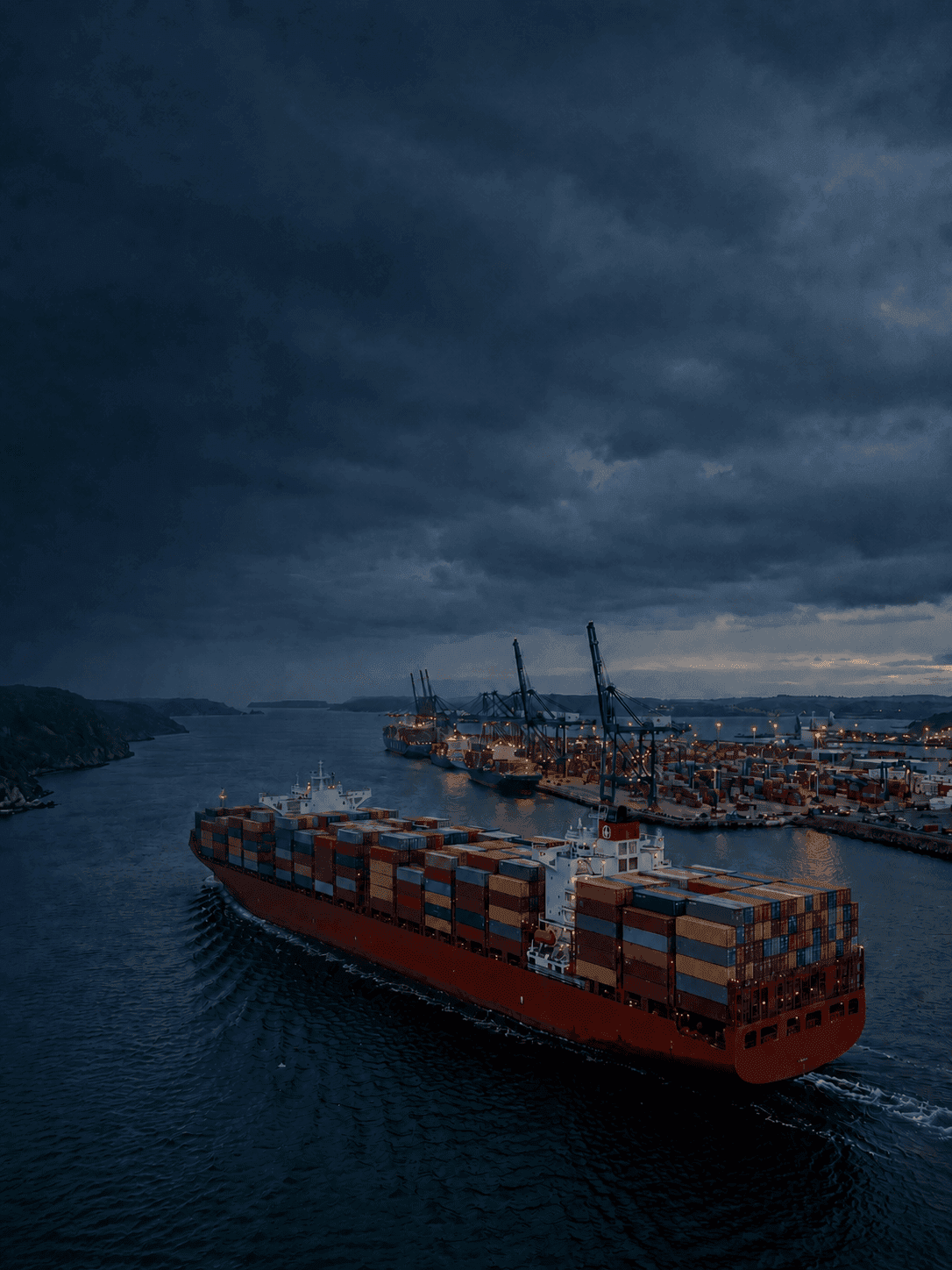 International commercial cargo vessel navigating open waters