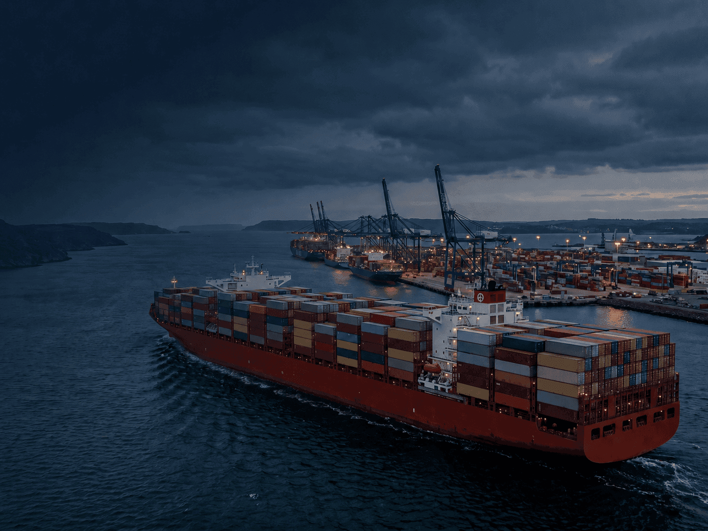 International commercial cargo vessel navigating open waters
